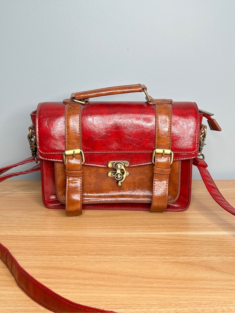 Red and Brown Purse Ecosusi Bag Faux Leather Rectangle Satchel with Buckles